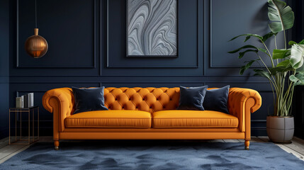 A living room with a large orange couch and a blue and gold abstract painting on the wall. room has a modern and stylish feel, with a potted plant. Art deco home interior design of modern living room