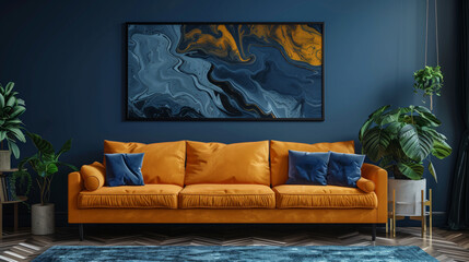 A living room with a large orange couch and a blue and gold abstract painting on the wall. room has a modern and stylish feel, with a potted plant. Art deco home interior design of modern living room