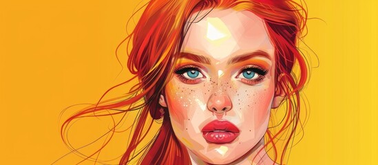 A woman with red hair and blue eyes is depicted on a vibrant yellow background. Her lipstick matches her eye liner, with defined eyebrows and long eyelashes framing her striking features