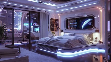 a futuristic bedroom with smart home technology, adjustable lighting, and a floating bed.