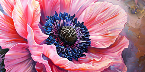 Pink anemone blossom oil painting. Banner with spring flower. - obrazy, fototapety, plakaty
