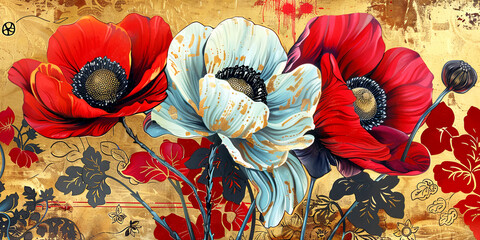 Red anemone blossom painting. Banner with beautiful spring flower. - 778669252
