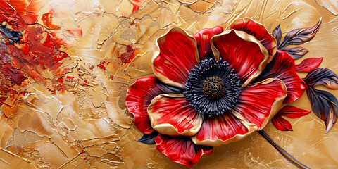 Red anemone  oil painting. Banner with beautiful spring flower. - obrazy, fototapety, plakaty