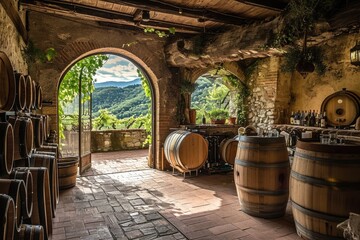 A rustic winery in the rolling vineyards, AI generated - obrazy, fototapety, plakaty