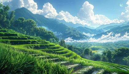 Terraced Rice Fields, Stepped fields of green rice paddies against a backdrop of mountains, illustrating the ingenuity of agricultural landscapes