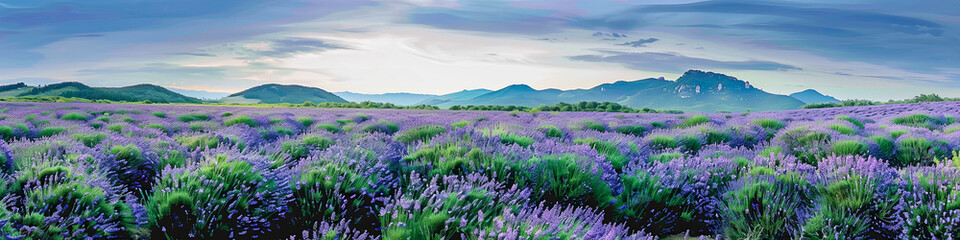 Purple lavender flower blossom field in countryside. Banner of nature concept.