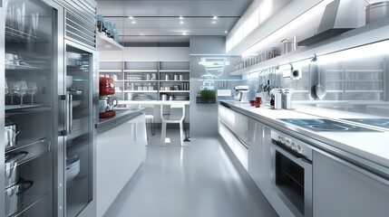 a futuristic kitchen with smart appliances, touch-screen surfaces, and innovative storage solutions.