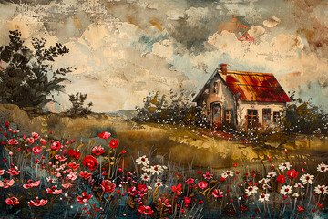 landscape of cute cottage in field in the countryside. Moody style painting.