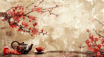 Chinese tea ceremony. Ceramic tea pot and cups. - obrazy, fototapety, plakaty