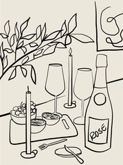 Arte en lineas de mesa de cena con velas, copas y botella de vino. Ilustración minimalista en tendencia. Mesa de cena dibujada a mano para diseño de invitaciones, carteles, menus. Vector - obrazy, fototapety, plakaty