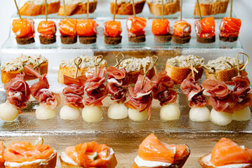 Elegant Canapés Display with Salmon and Prosciutto. A luxurious selection of canapés featuring...