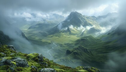 Highland Landscape, Rolling hills and misty valleys in the highlands, capturing the rugged beauty and mystique of mountainous regions