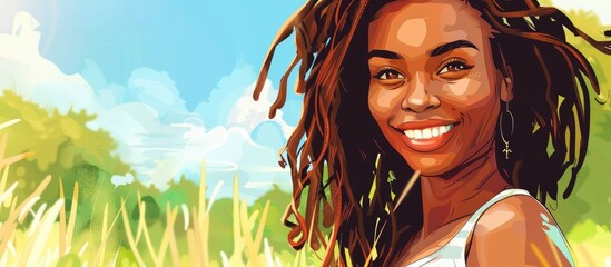 Obraz na płótnie Canvas A happy woman with black hair and dreadlocks is smiling in a field of tall grass, enjoying the natural landscape. Her eyelashes flutter with joy as she explores the beauty of nature