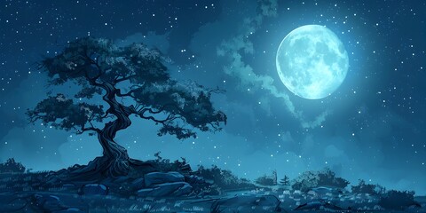 Moonlit Cedar Tree in a Serene Nightscape Its Resinous Aroma Mingling with the Cool Night Air
