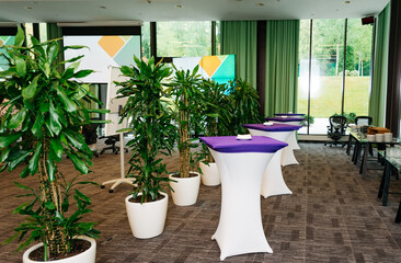 Modern Corporate Event Space with Greenery. A contemporary corporate event space featuring high...
