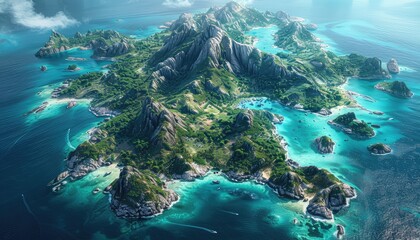 Island Archipelago, Aerial view of a chain of tropical islands surrounded by turquoise waters, inviting viewers to explore and escape - obrazy, fototapety, plakaty