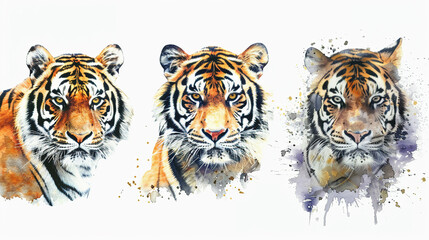 Cute set portraits of charectors of tiger in watercolour cartoon style.Isolated on white background.
