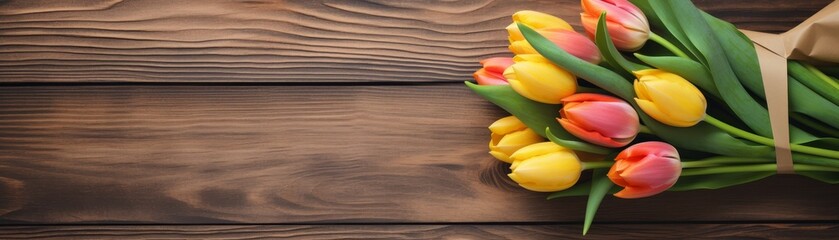 Mixed tulips wrapped in brown paper on rustic wooden background