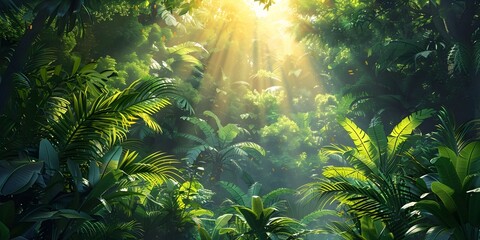 Vibrant Rainforest Canopy Illuminated by Ethereal Sunlight Filtering Through Lush Foliage - obrazy, fototapety, plakaty