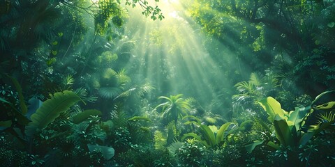 Sunlight Filtering Through Dense Rainforest Canopy Illuminating the Vibrant Greenery Below