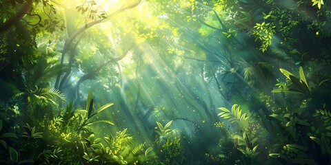 Sunlight Filtering through the Lush Canopy of a Captivating Rainforest Illuminating the Vibrant Life Below