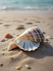 Fototapeta na wymiar Seashell on Sandy Beach. A close-up of a conch shell resting on the soft sand of a beach