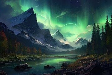 A scene of the Northern Lights over a mountain landscape, AI-generated
