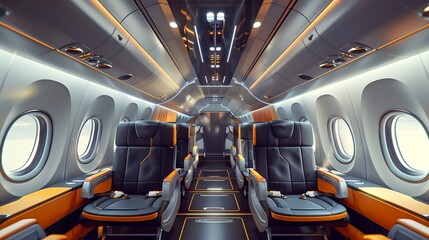 Fototapeta premium Luxurious Airplane Interior Design Illustration, Modern and Comfortable Cabin. Flight Travel Comfort Conceptual Image. AI
