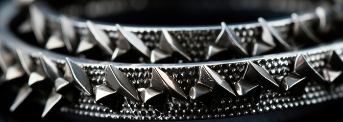 Two silver bracelets with spiked accents rest on a polished steel surface, catching the light and emanating a fierce yet elegant vibe - obrazy, fototapety, plakaty