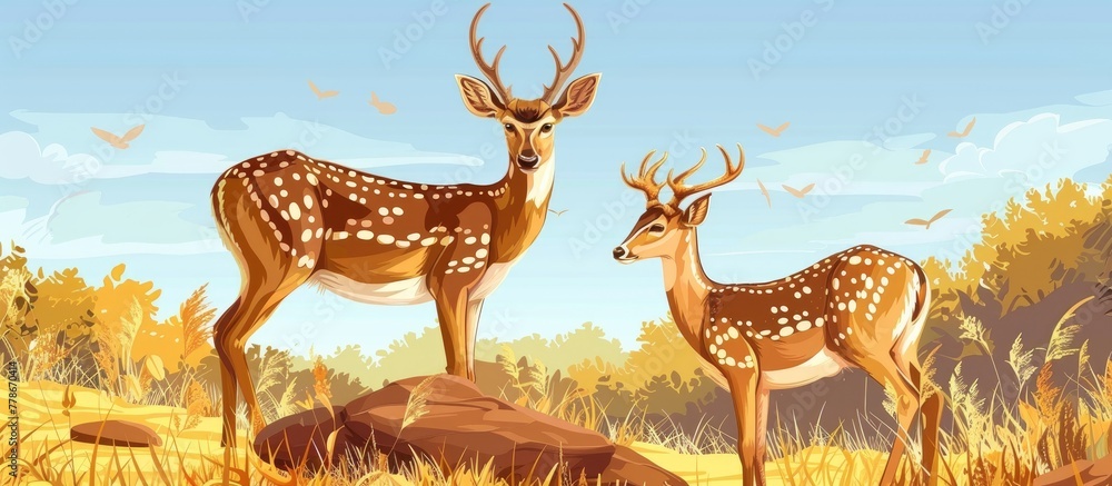 Wall mural two deer standing gracefully in a grassy field under the open sky, creating a picturesque scene of n