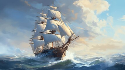 Obraz premium A pirate ship in the ocean, a storm and a beautiful fantasy sky in the background. Generative AI