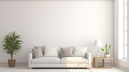 bright living room interior with white empty wall