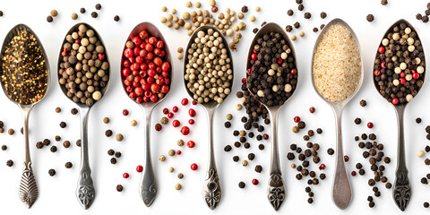Various spices arranged creatively on a white background.Spice Collection Arranged Creatively on White Background