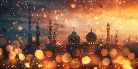 Fototapeta na wymiar Eid mubarak muslim festival background with line style mosque