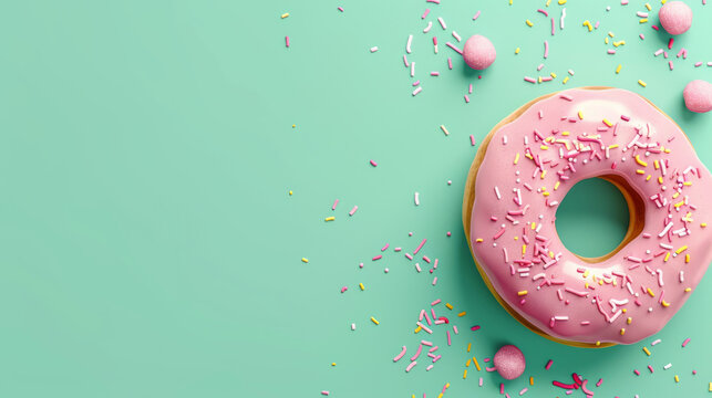 A minimalist image showcasing a solo pink donut with pastel sprinkles beside candy eggs on a soft green backdrop