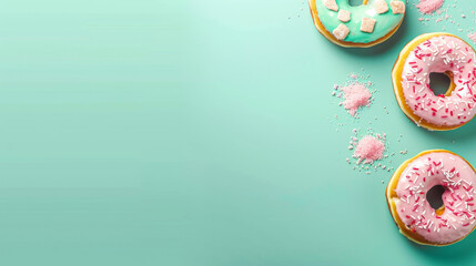 A tantalizing image displaying multiple iced donuts with sweet toppings and powders arranged on a mint background