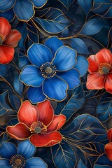 The pattern of blue and red blooms edged in gold on a dark background