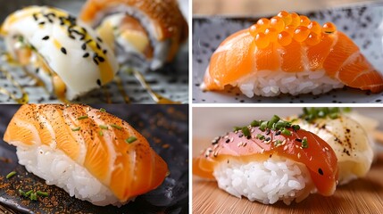 Assorted Sushi Delights on Dark Plates, Gourmet Japanese Cuisine. Culinary Art, Tasty Sushi Selection for Fine Dining. AI
