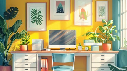 Inspiring Home Office Workspace with Modern Decor and Greenery
