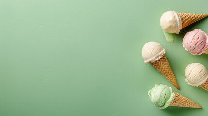 Five different ice cream flavors presented in cones on a green colored background, showcasing a variety of tastes
