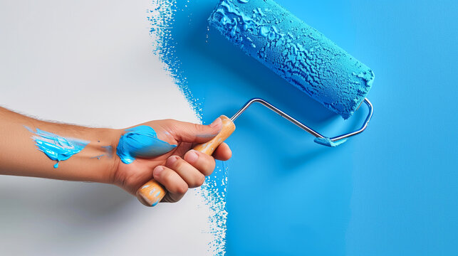 A person is painting a wall with a blue roller. The wall is freshly painted. The person is focused on their task. closeup of a hand holding a painter roller with blue paint, painting a white wall