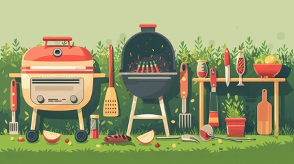 Barbecue and Grilling Tools Set Up for a Family Weekend Cookout in the Backyard Garden - obrazy, fototapety, plakaty