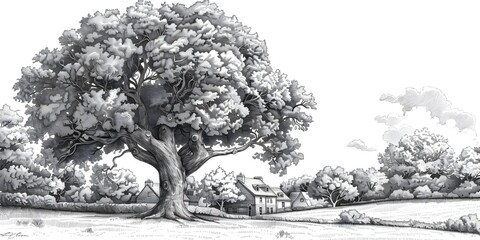 Stately Elm Tree Presiding over a Quaint Village Green Shading the Communal Heart with its Vast Canopy