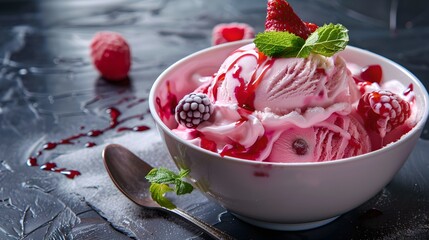 Delicious Scoop of Raspberry Ice Cream Topped with Fresh Fruit. Ideal for Summer Ads and Dessert...