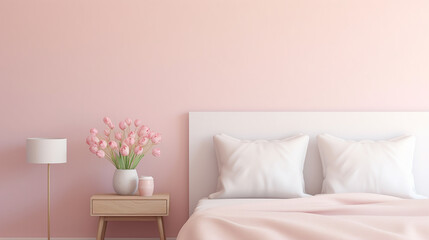 lamp above table with flowers in pink pastel bedroom