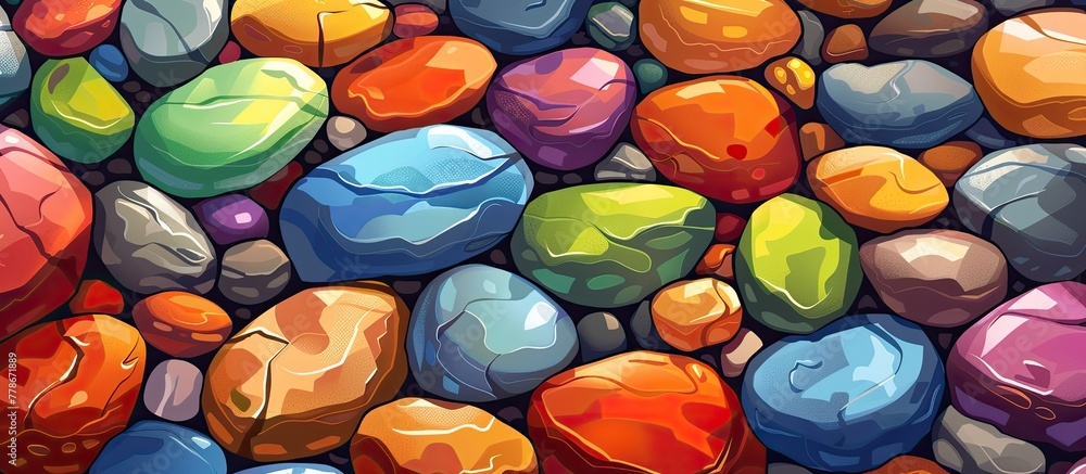 Poster a beautiful art installation featuring a circle of electric blue rocks stacked on top of each other,