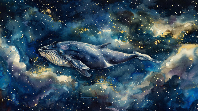 Hand-painted watercolor scene of a whale gracefully moving through a star-filled night sky, combining natural and cosmic elements.