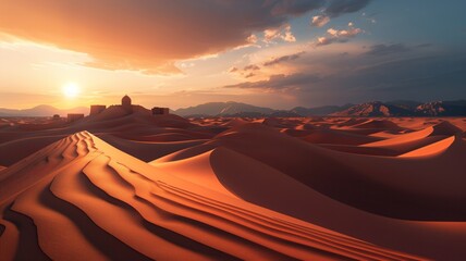 Fototapeta na wymiar Sunset over the sand dunes in the desert, sun, landscape, Generative Ai