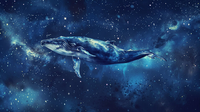 Majestic whale swimming amongst stars, set against the backdrop of a dark night sky, created with watercolor hand painting for a dreamy effect.