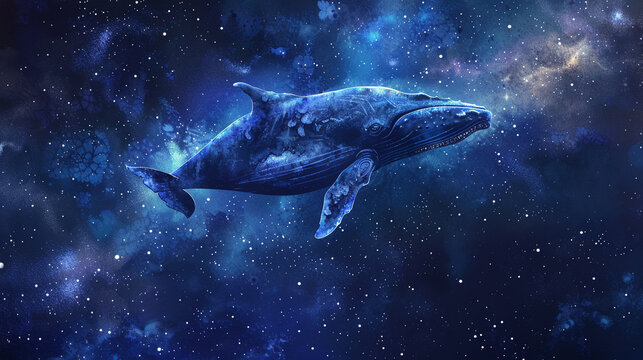 Majestic whale swimming amongst stars, set against the backdrop of a dark night sky, created with watercolor hand painting for a dreamy effect.